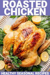 whole chicken roasted on a platter with text overlay
