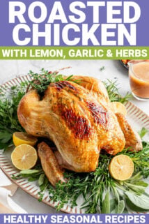 whole chicken roasted on a platter with text overlay