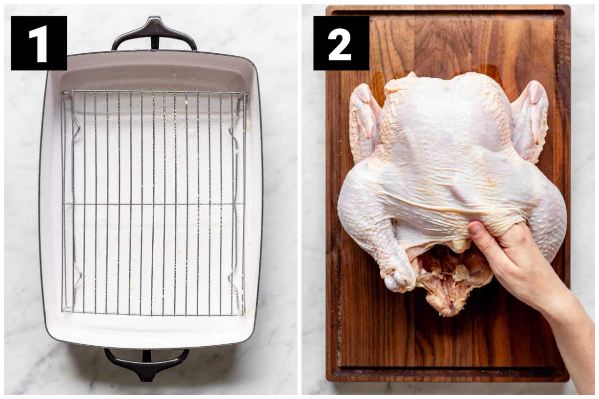 preparing the pan with a rack and loosening the chicken skin
