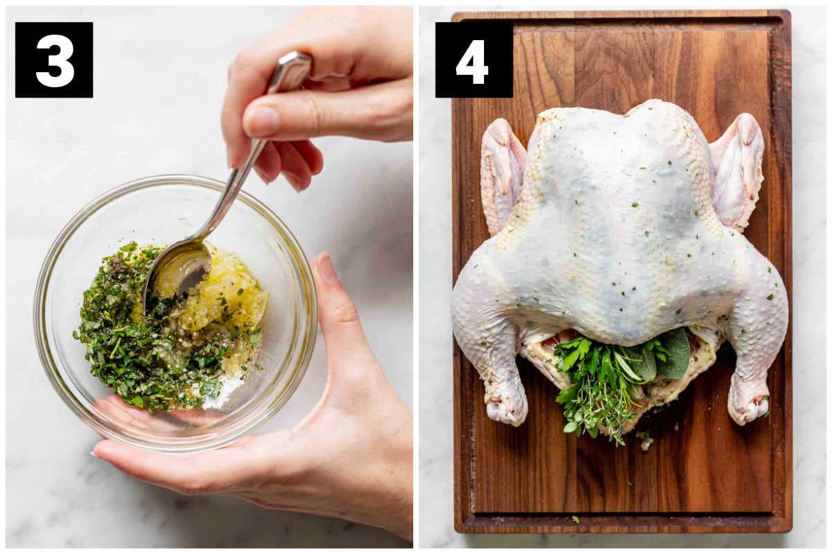making the herb paste and the chicken before trussing