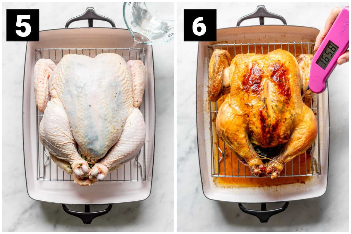 the chicken in the pan (on the rack) before and after roasting
