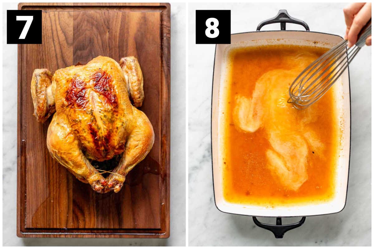 the chicken resting on a board and making the pan sauce with a whisk