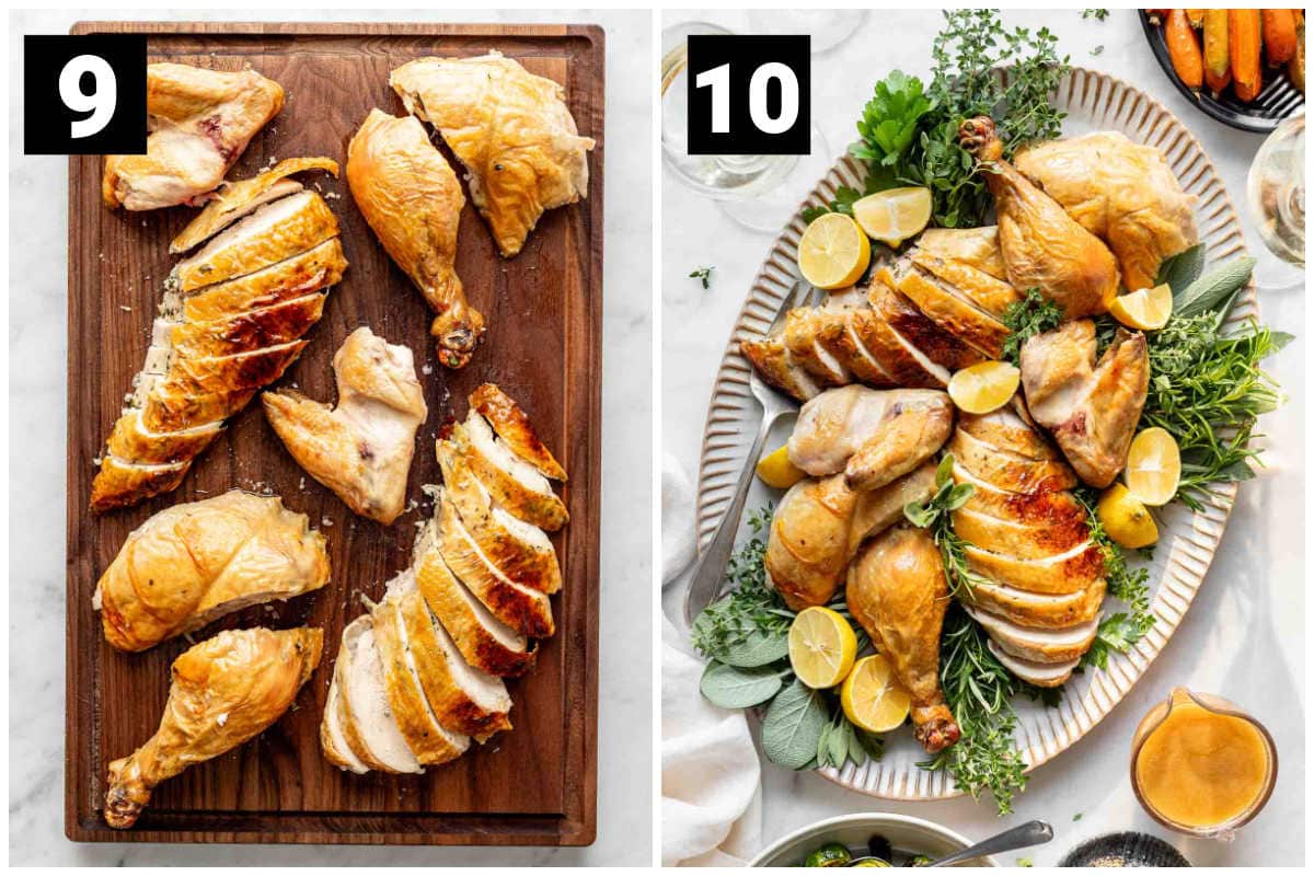 the chicken cut into parts and the breast sliced on a cutting board and arranged on a platter with a pitcher of gravy