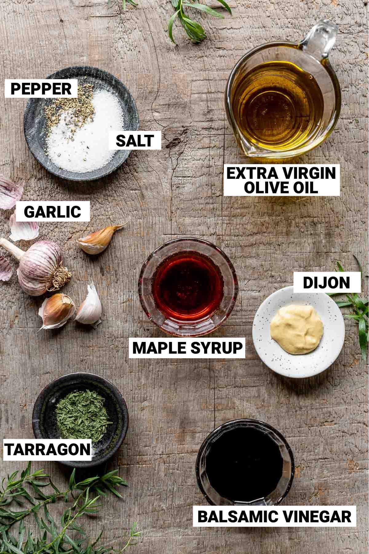 maple balsamic dressing ingredients with text overlay
