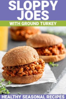 sloppy joes with ground turkey text overlay and three sandwiches