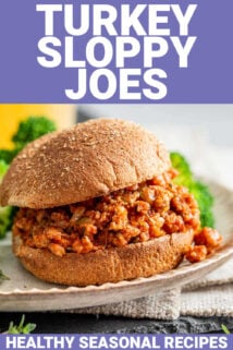 turkey sloppy joes text overlay with a ground turkey sloppy jane on a bun in the background