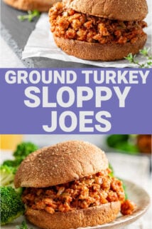 ground turkey sloppy joes on brioche buns with text overlay