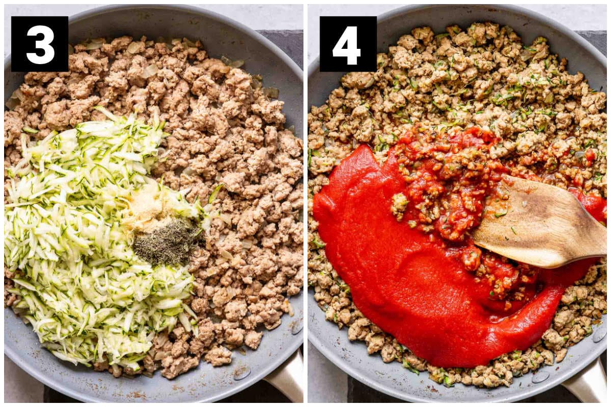 on the left is step three where the zucchini is added and on the right is step 4 which is when the tomato sauce is added