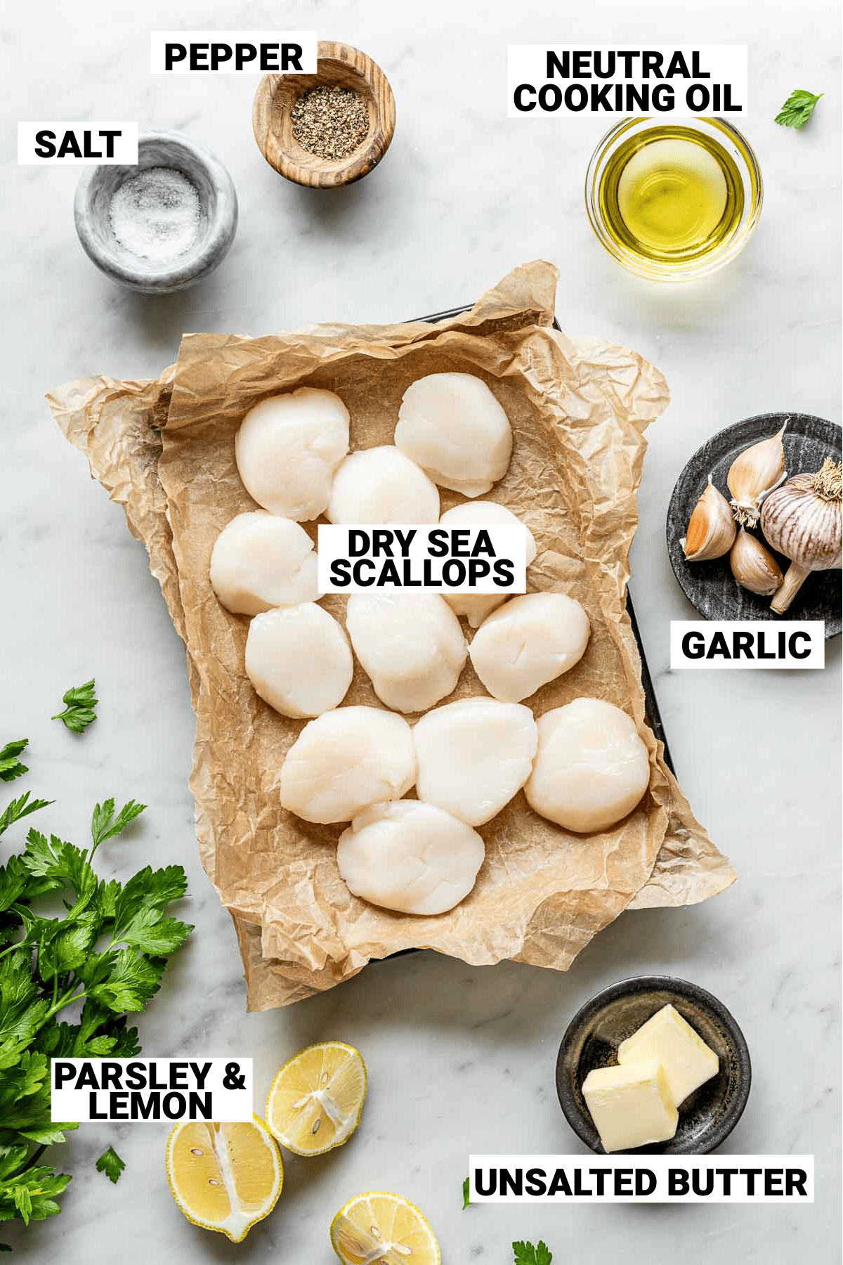 the ingredients on a white table with text overlay labels