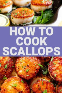 Pan seared scallops collage: one photo in the pan and one overhead with text overlay