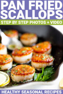 scallops in a pan from the side with text overlay