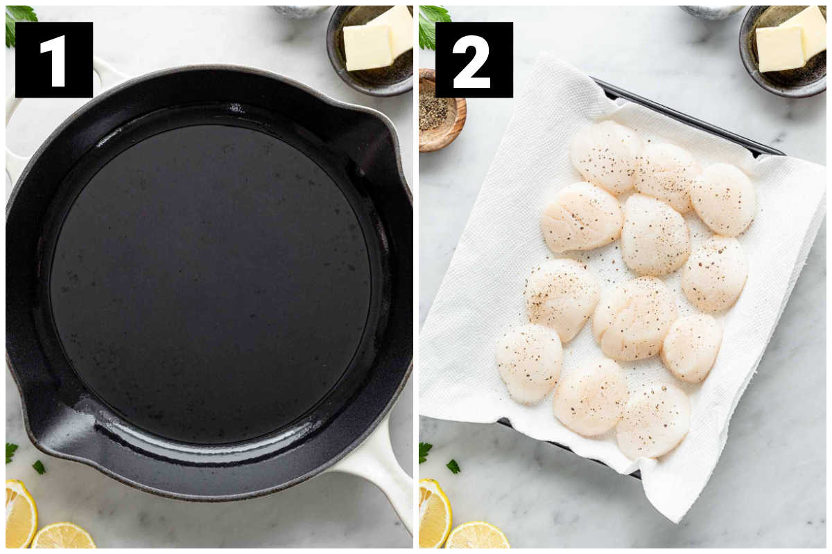 heat the skillet and season the scallops