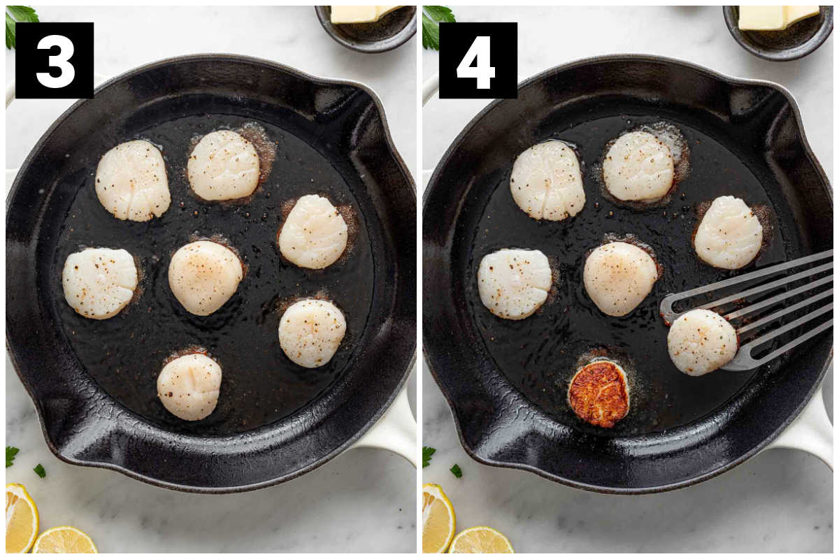 Sear the scallops on one side then flip over