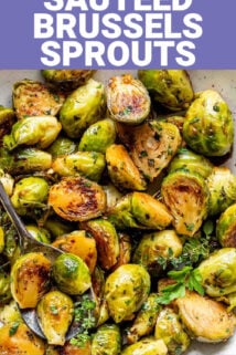 Sauteed brussels sprouts over an image of browned brussels sprouts with balsamic glaze, herbs, and seasonings