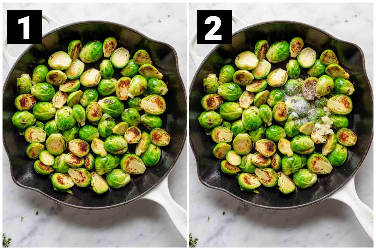 Two side by side photos of brussels sprouts cooking in a cast iron skillet. The one on the right has started to smoke a little bit.