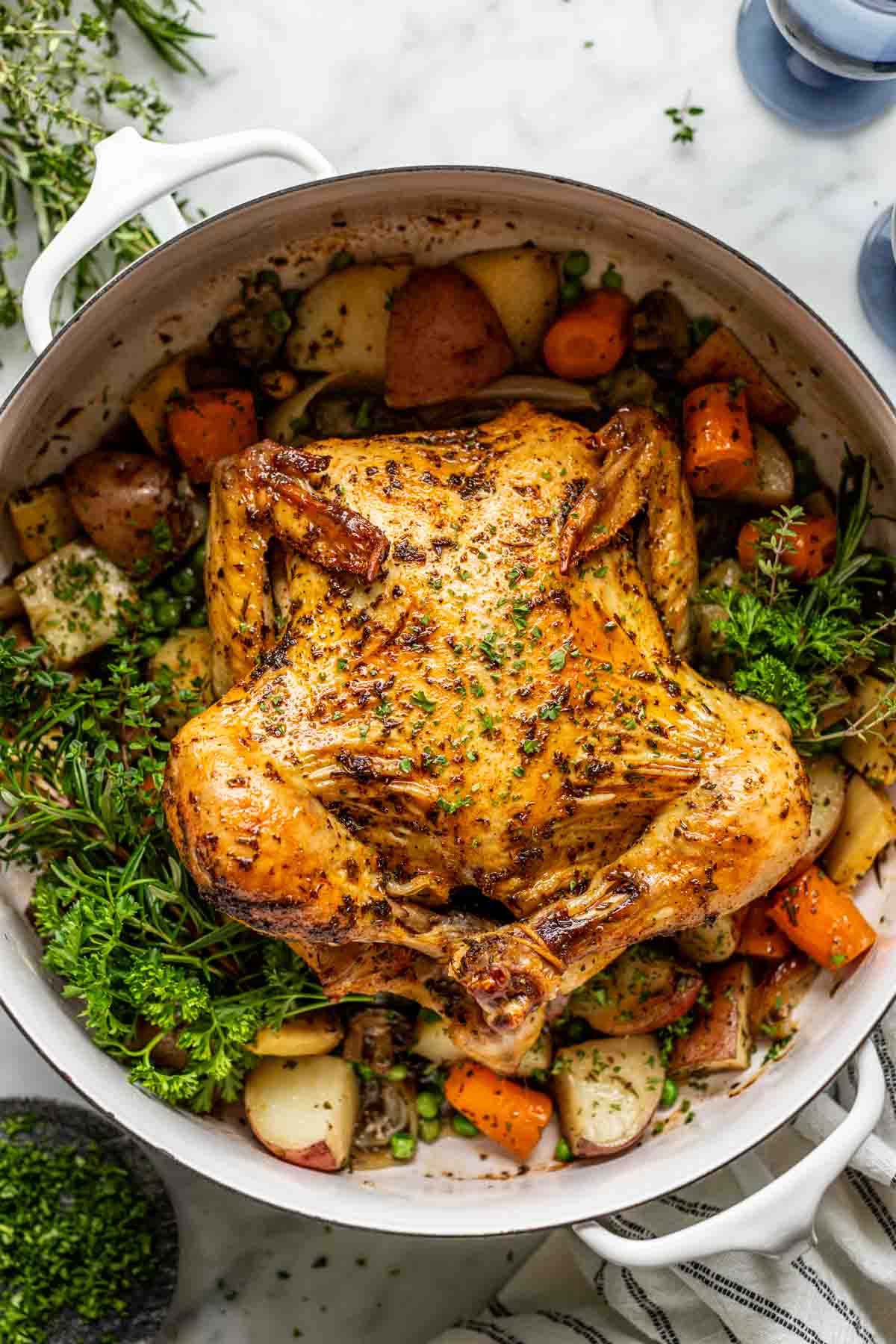 pot roast whole chicken in a dutch oven with carrots, potatoes, shallots, and fresh herbs