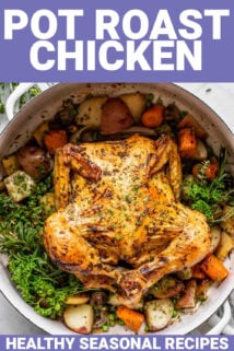 pot roast chicken text overlay with a photo of a seasoned roast chicken with vegetables and herbs