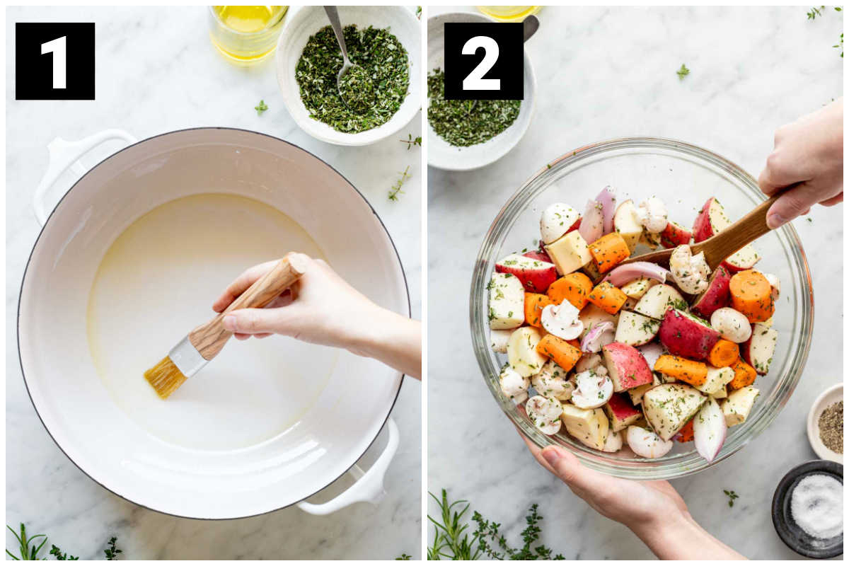 two photos side by side with the numbers 1 and 2 overlayed. one is a dutch oven being brushed with olive oil and two is a clear bowl full of vegetables being tossed in seasonings with a wooden spoon