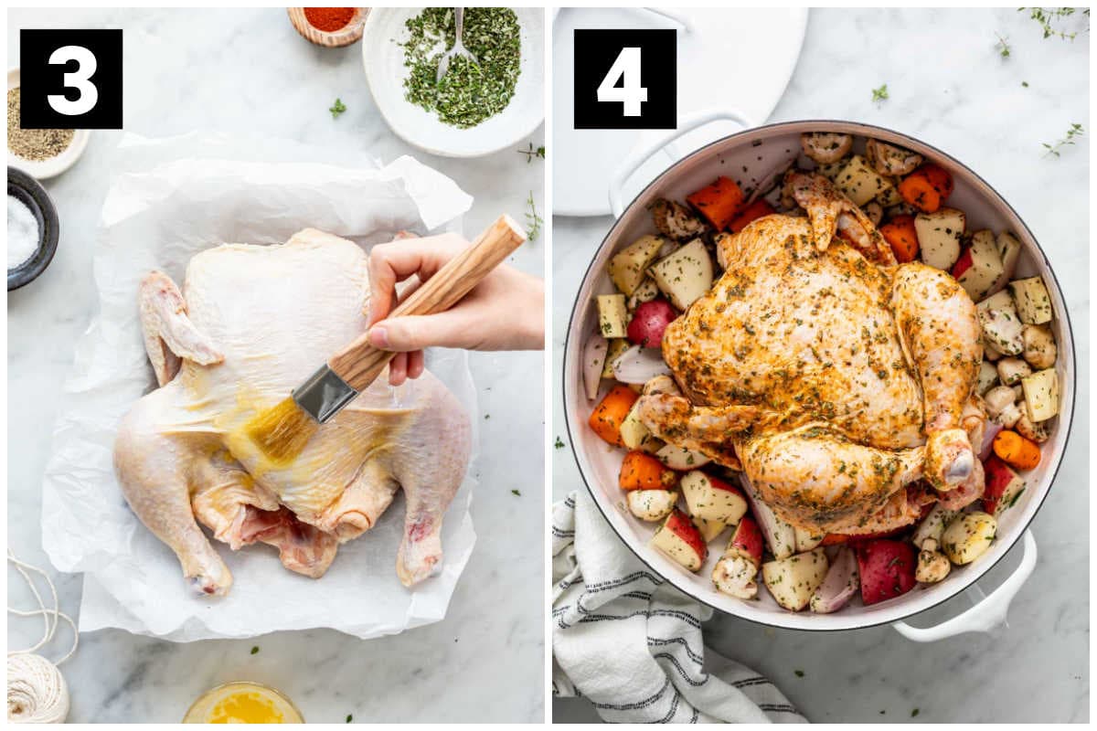 two photos side by side labeled 3 and 4. number 3 on the left is the whole chicken being brushed with melted butter and number 4 on the right is the brushed and seasoned chicken on top of the veggies in the dutch oven
