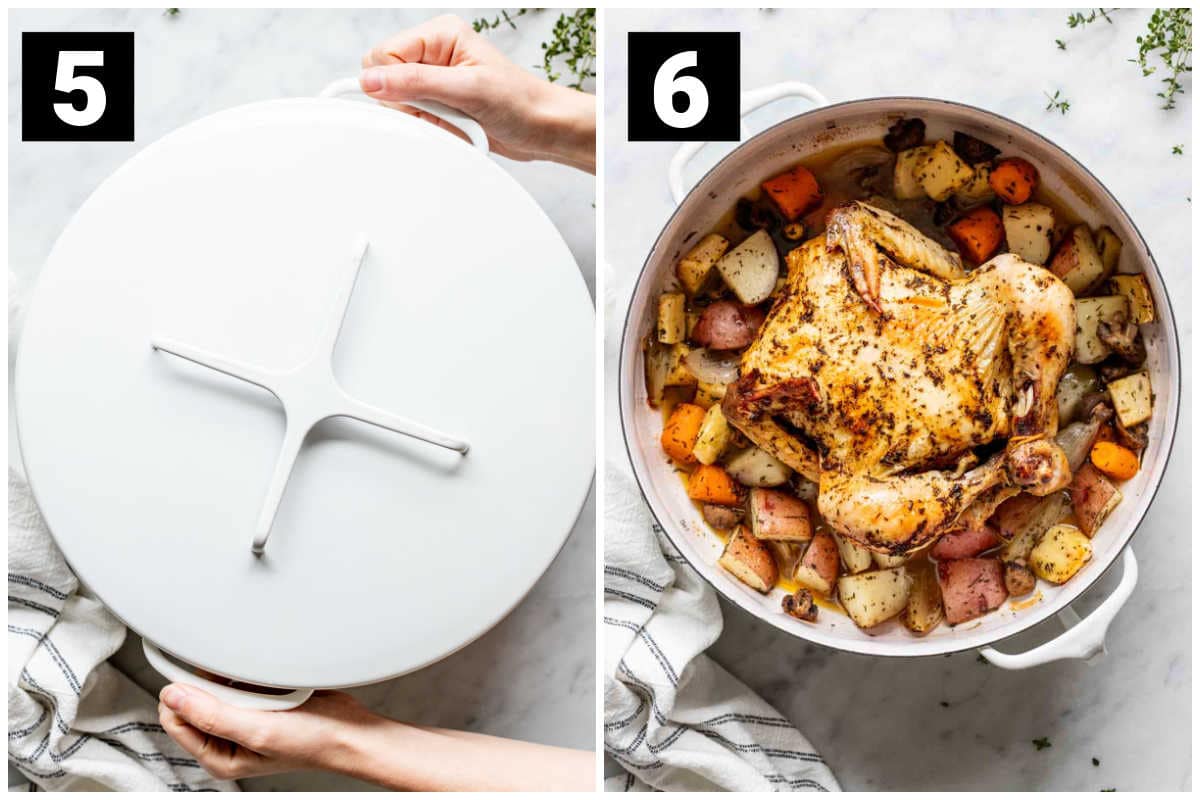 side by side photos labeled 5 and 6. The photo on the left labeled 5 is an overhead photo of a dutch oven with the top on, and the right photo labeled 6 is the dutch oven with the top off to reveal the chicken and vegetables