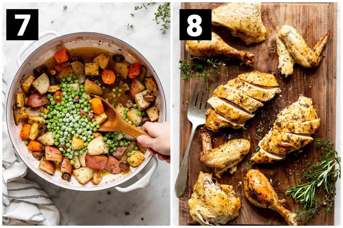 two side by side photos labeled 7 and 8. The left photo labeled 7 is the vegetables in a dutch oven being stirred together with frozen peas, while the photo labeled 8 on the right is the sliced roasted chicken on a cutting board