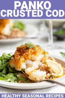 baked panko crusted cod with text overlay