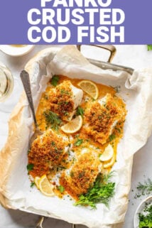 panko crusted cod fish with text overlay