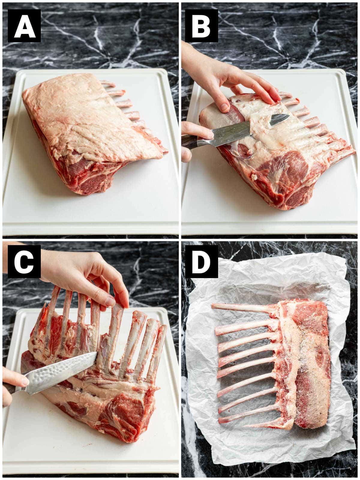 the step by step photos for how to french a rack of lamb