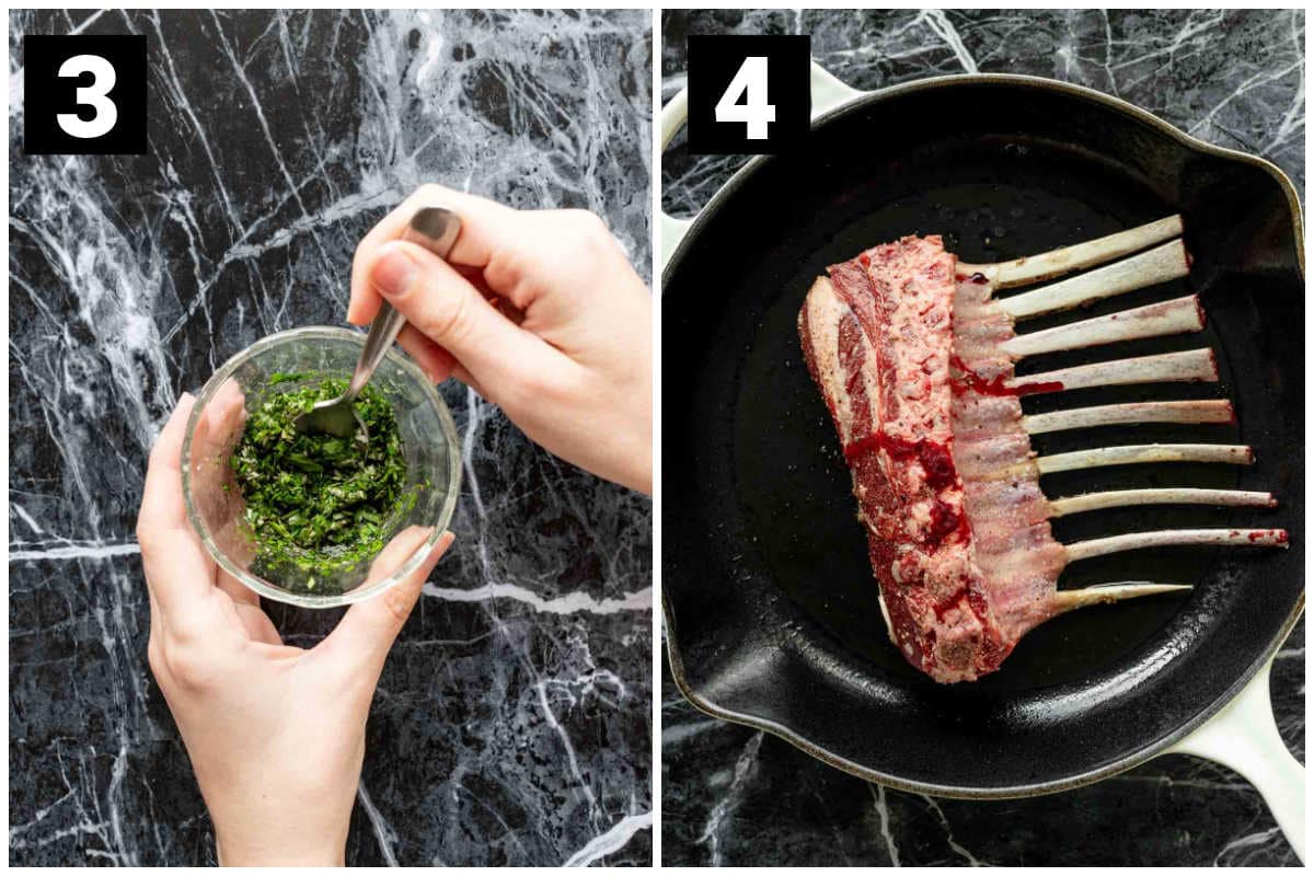 make herb mix and sear the rack in the hot skillet