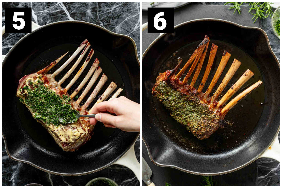spreading the garlic herb mixture over the Dijon mustard and the roasted rack in the skillet