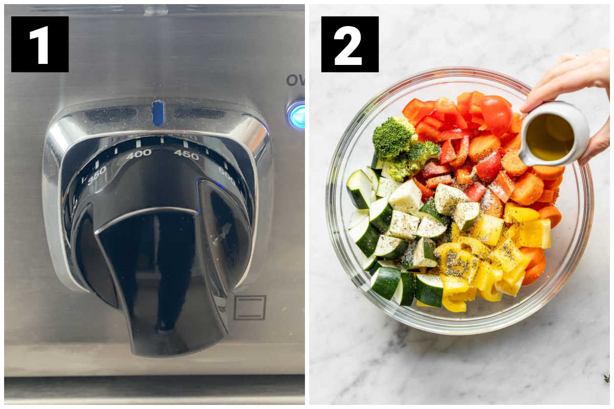 two side by side photos of steps 1 and 2 of roasting vegetables which is to preheat the oven to 425 degrees f and season the vegetables in a large bowl