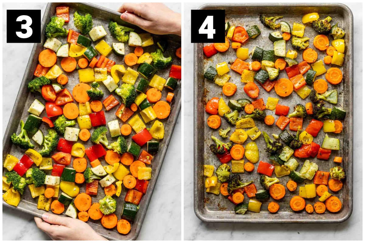 two side by side photos of step 3 and 4, which is to arrange the raw seasoned veggies on a baking sheet and then roast them