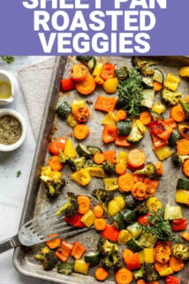sheet pan roasted veggies on a silver baking sheet