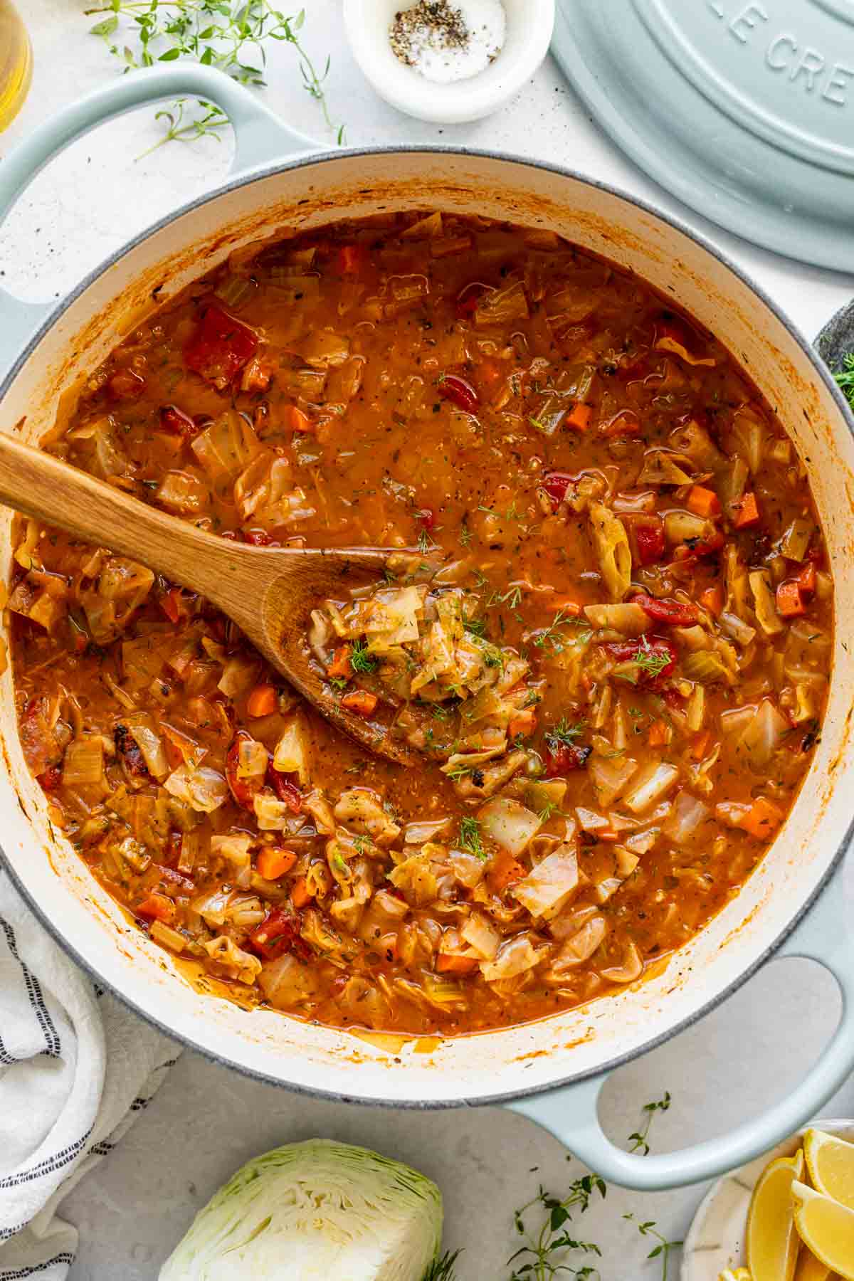 a large dutch oven full of diet cabbage soup