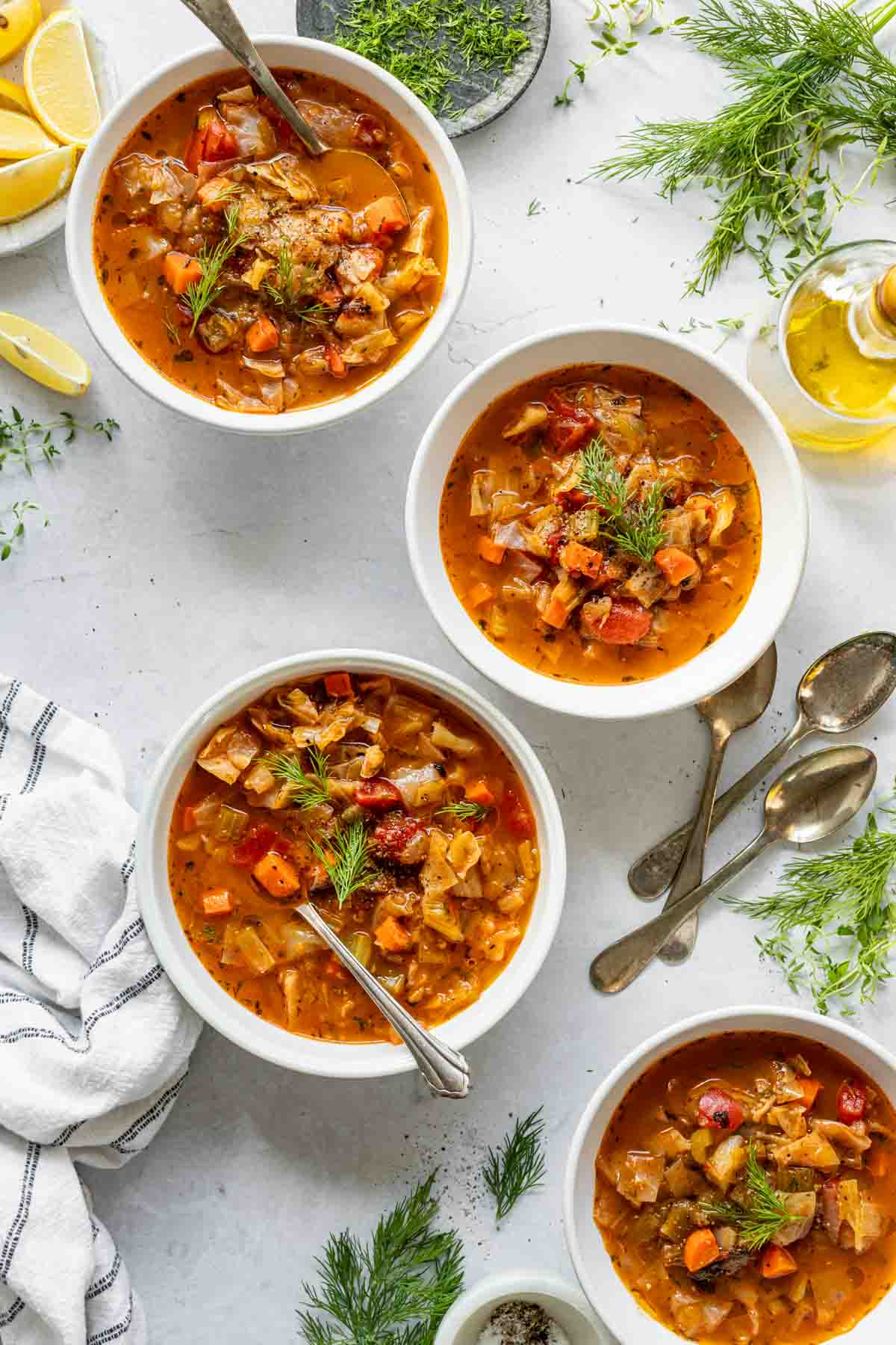 cabbage soup in four bowls