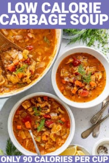 a dutch oven and two bowls of cabbage soup with text overlay that reads low calorie cabbage soup