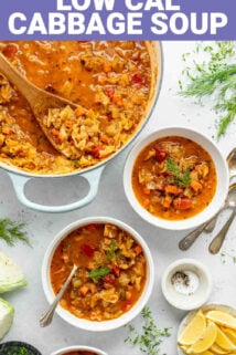 Low cal cabbage soup written over a photo of a dutch oven and two bowls full of soup