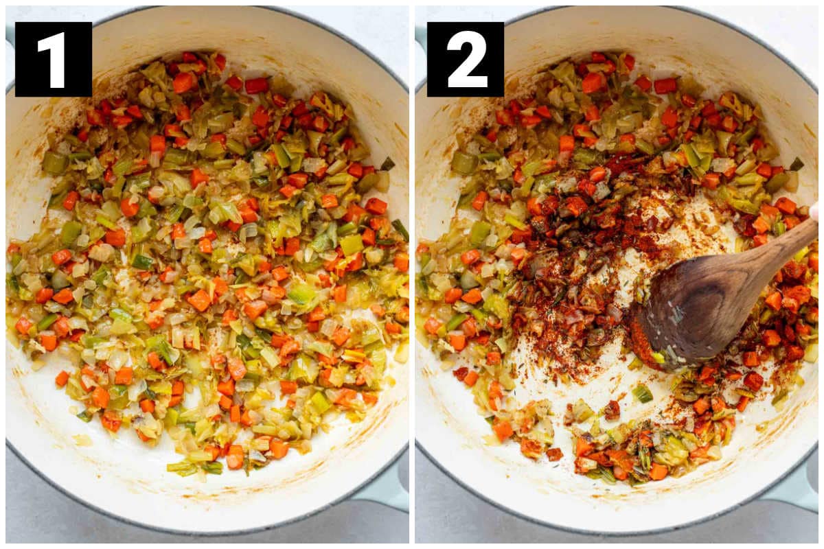 The left photo is a dutch oven full of chopped veggies with a 1 printed over it, and the right has a two printed over it and it's a shot of the dutch oven with the seasonings added on top of the vegetables