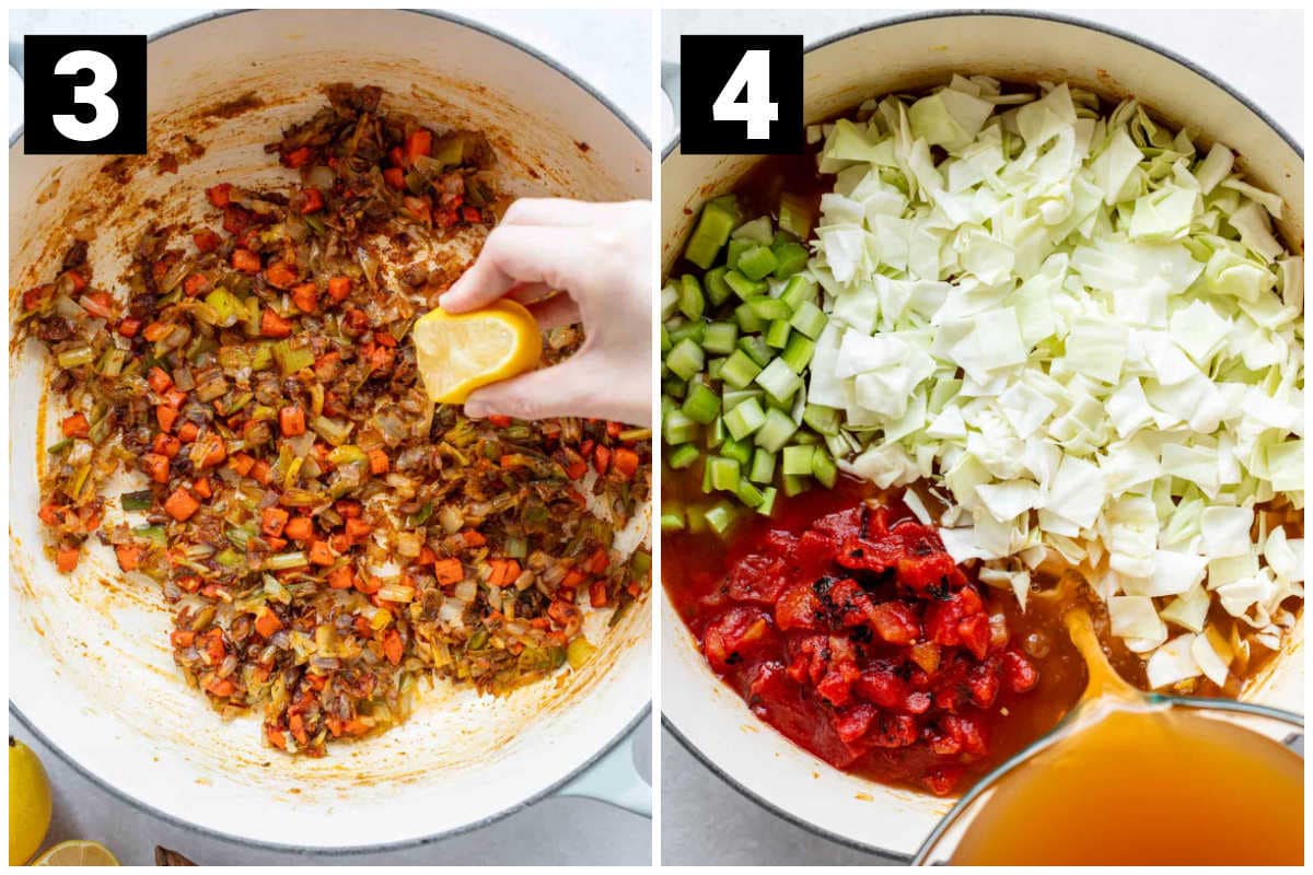 The left photo has the number 3 in the corner and it shows a hand squeezing lemon in the pot to deglaze it, while the right photo shows number 4 and the addition of tomatoes, celery, cabbage and broth being poured into the dutch oven