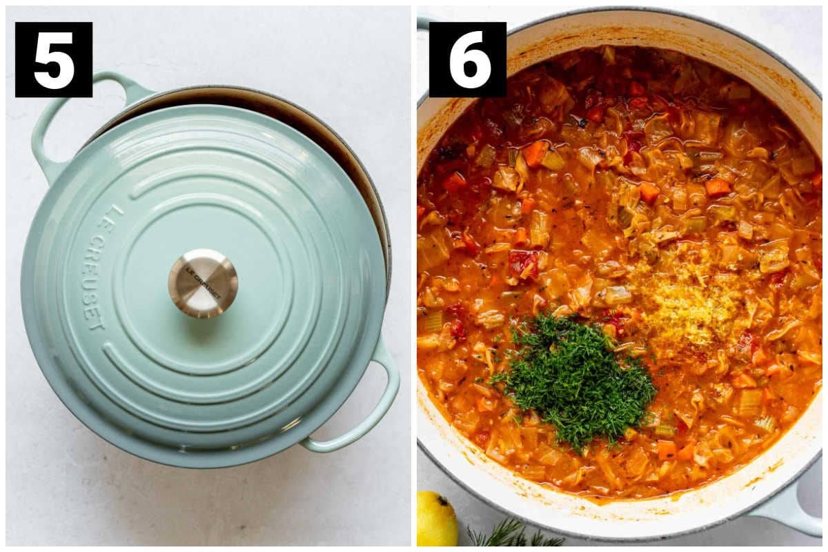 the left photo with a five on it shows the blue dutch oven with the top slightly askew, and the right photo with a 6 on it shows the soup near completion with herbs on top
