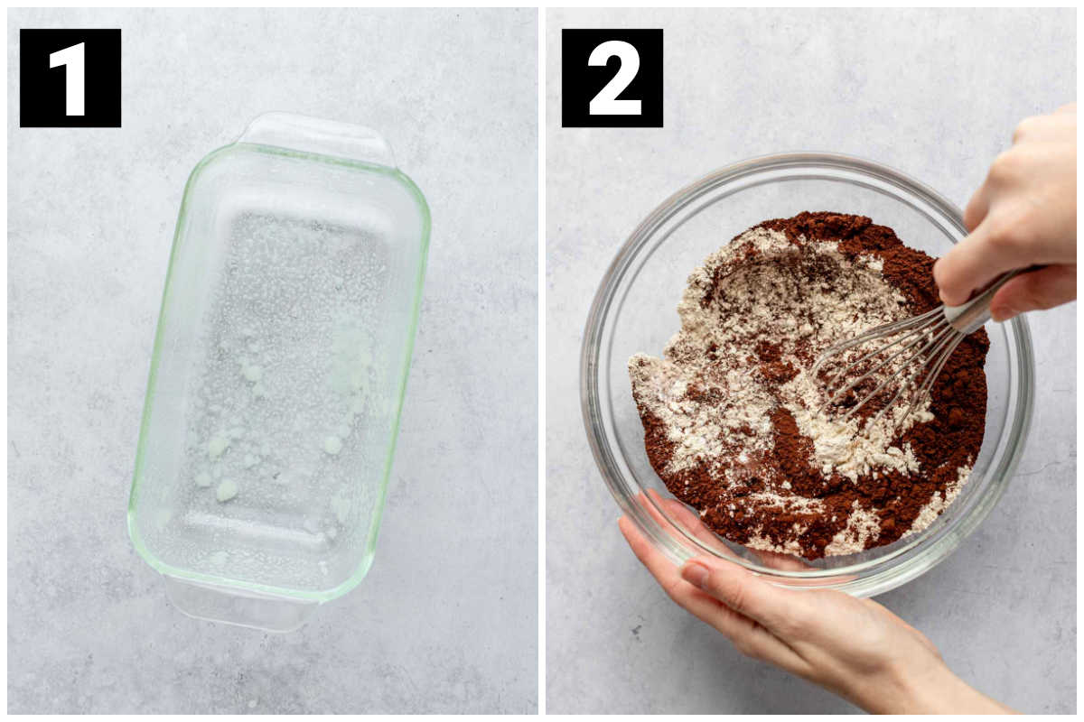the left photo labeled one is a greased glass bread pan. the right photo labeled with a two is a glass bowl with the dry ingredients being mixed by a whisk