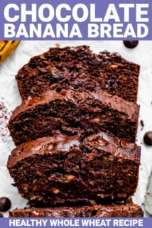 chocolate banana bread slices with text overlay
