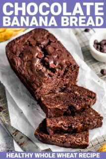 a loaf of chocolate banana bread with half of it in tact and half cut into three slices