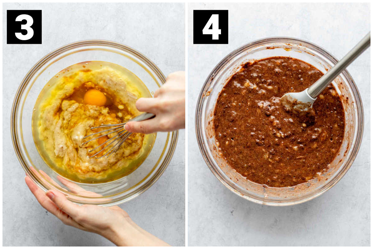 the left photo labeled with a three is the wet ingredients being stirred with a whisk and the right photo with a 4 on it is a glass bowl full of the batter which is the dry and wet ingredients mixed together