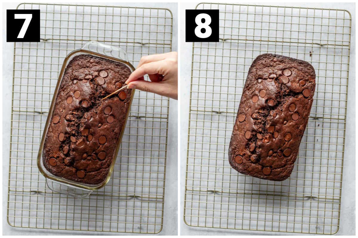 the left photo labeled 7 is the bread pan on a wire cooling rack while a hand sticks a toothpick in the center to check for doneness. The right photo labeled 8 is the chocolate banana bread turned out of the baking pan to cool on the wire rack.