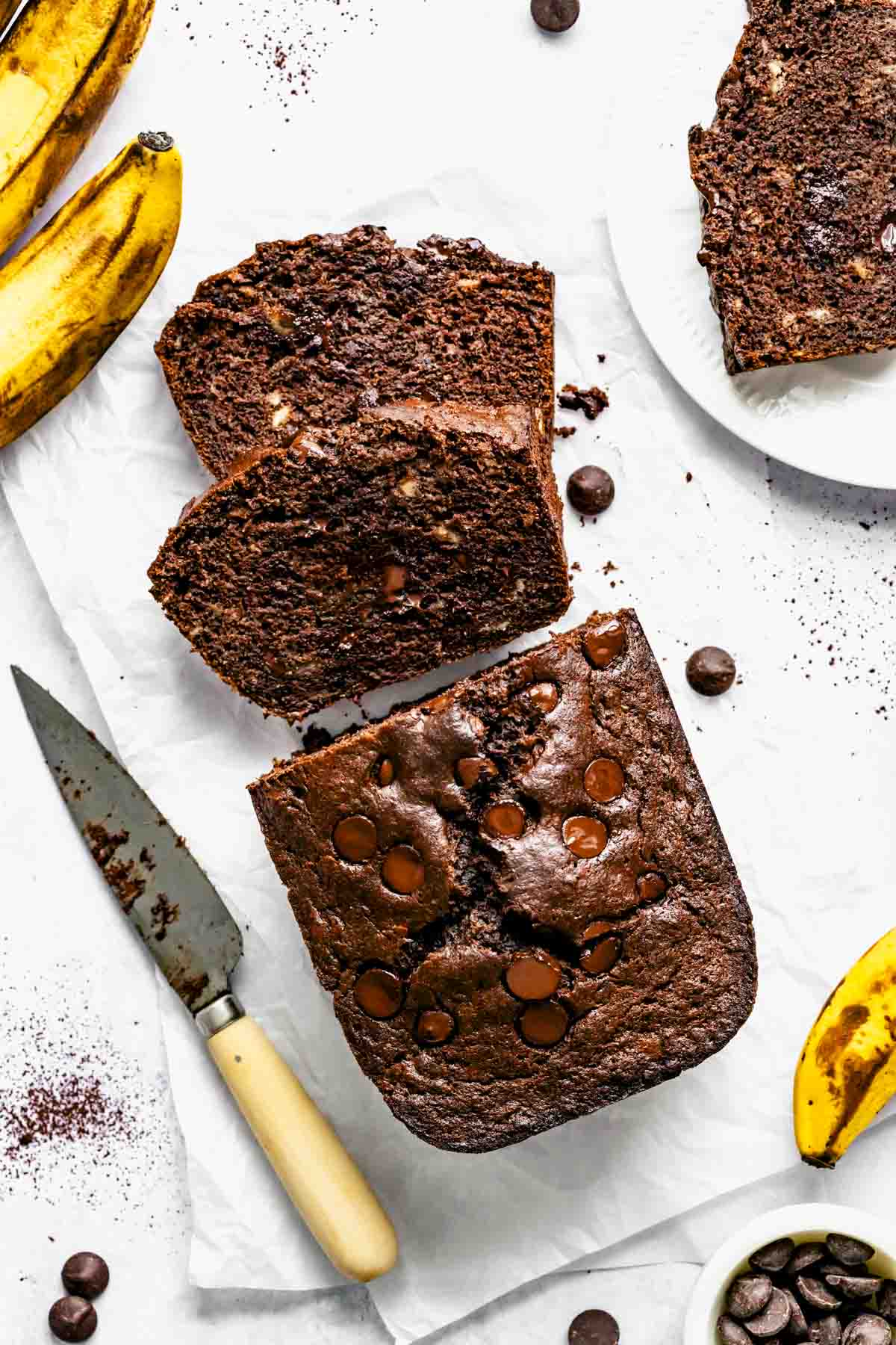 healthy chocolate banana bread with slices made