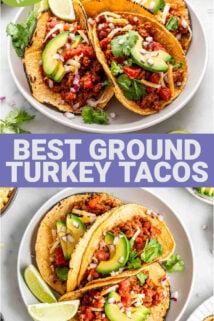 ground turkey tacos pictured on white plates with the text overlay "best ground turkey tacos" separating them vertically