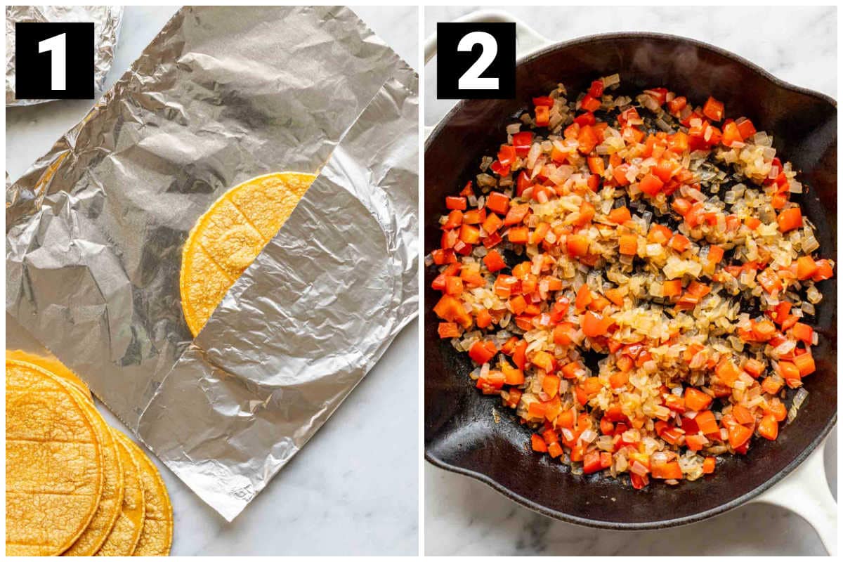wrap the tortillas in foil then sautee the veggies