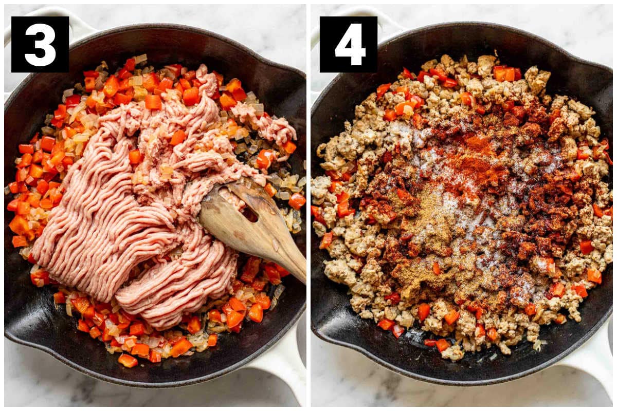 two photos side by side, the left is labeled 3 and has ground turkey and vegetables in a skillet, while the photo labeled 5 has browned turkey in the skillet with seasonings added on top