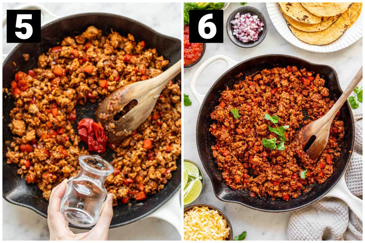 two side by side photos: the one on the left is labeled with the number 5 and shows a hand pouring water into a skillet full of ground turkey taco meat with tomato paste and a wooden spoon in the middle, while the photo on the right labeled with the number 6 shows a skillet with finished ground turkey taco meat, a wooden spoon, and the cheese, lime, onion, etc scattered around
